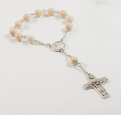 Pope Francis Pocket Rosary: Stainless Steel with Creamy Riverstone
