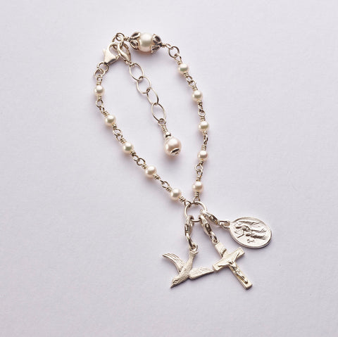 Child CONFIRMATION Rosary Bracelet: Sterling Silver with Freshwater Pearl