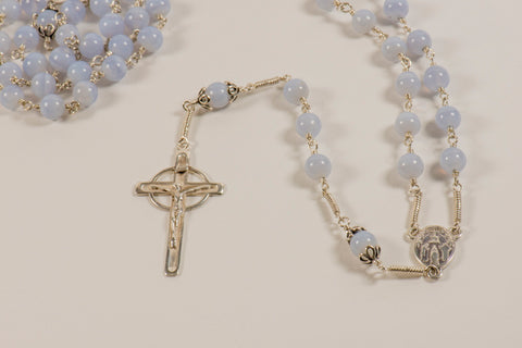 KNOCK 2 CHAL Full Rosary: Sterling Silver w Blue Chalcedony (wholesale)