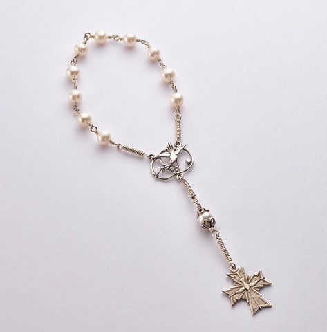 PRL 3 Pocket Confirmation Rosary: Silver w Freshwater Pearl (wholesale)